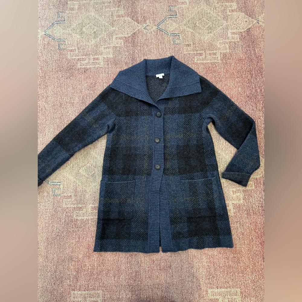 J Jill wool blend long button down cardigan sweater in blue plaid size small